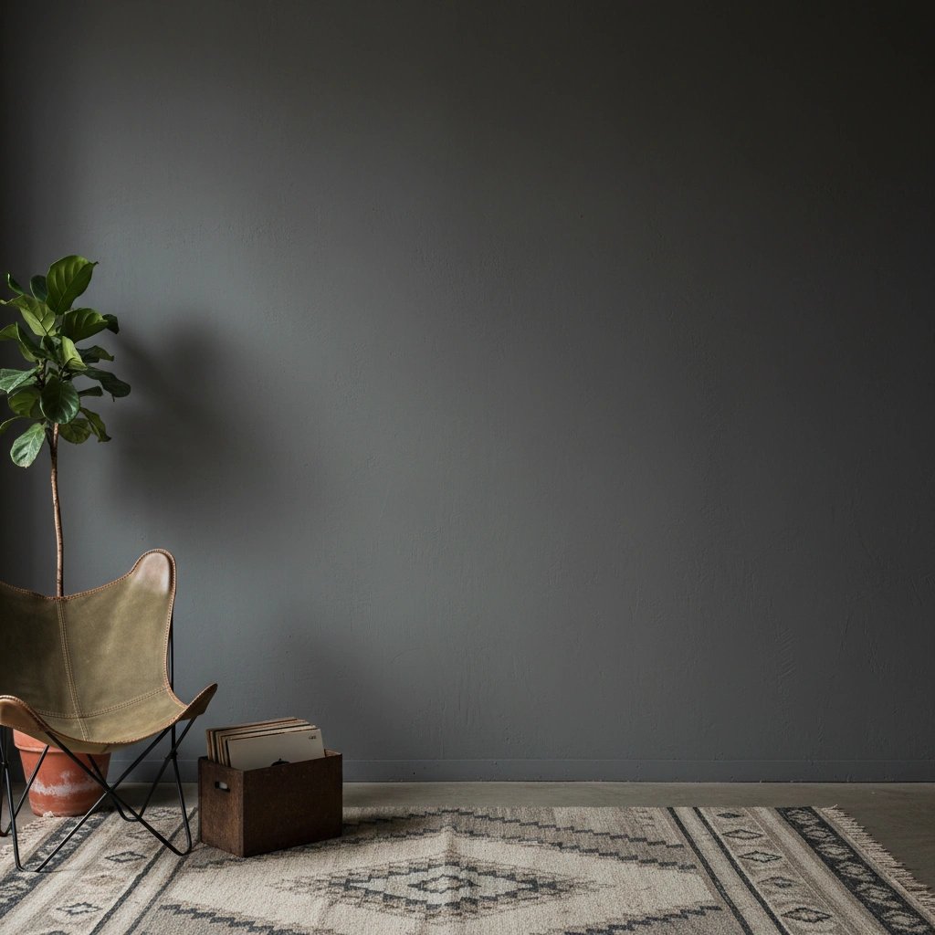 Wall art mockup: Contemporary living room with a butterfly chair and rug