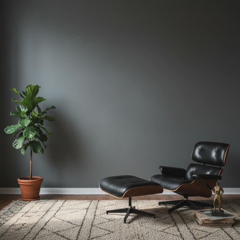 Contemporary living room with a dark grey wall and a leather chair