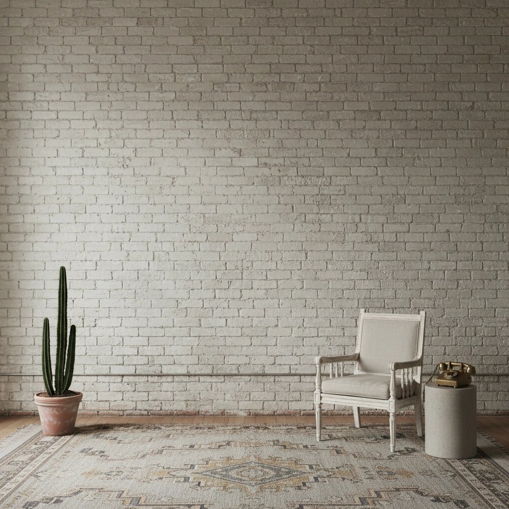 Wall art mockup: Eclectic living room with a brick wall and armchair, with plants