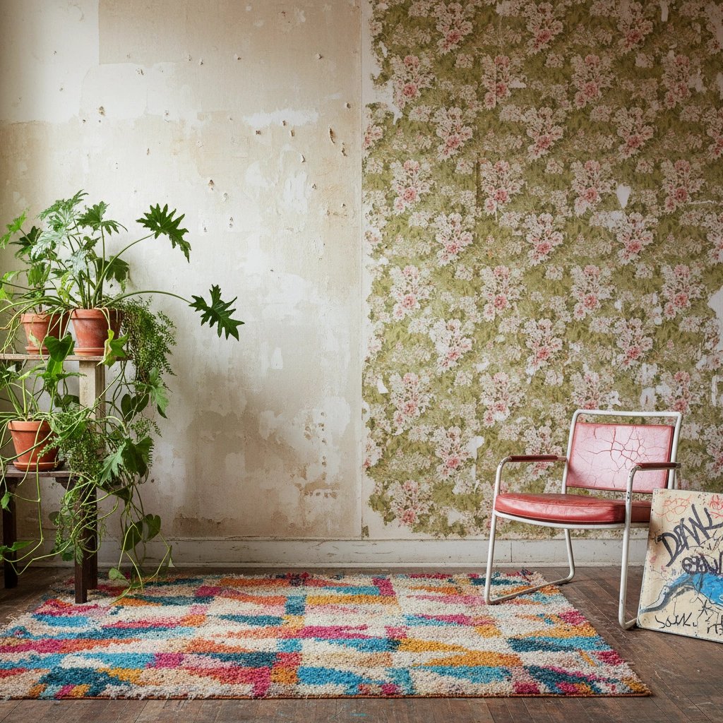 Wall art mockup: Eclectic living room with distressed walls and a vintage chair