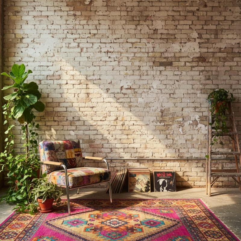 Eclectic room with a distressed brick wall and plants