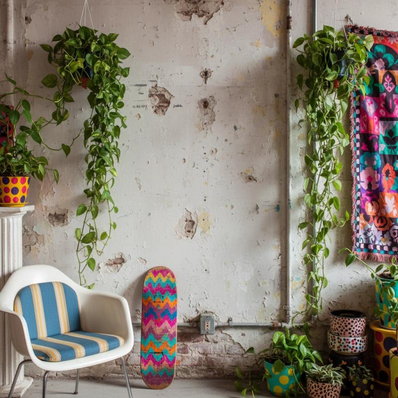 Eclectic room with distressed walls and a colourful skateboard