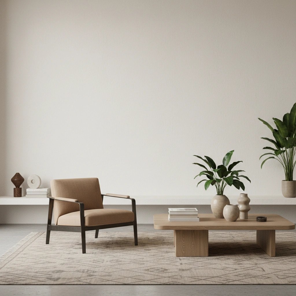 Wall art mockup: Contemporary living room with a beige armchair and plants, with a coffee table and plants