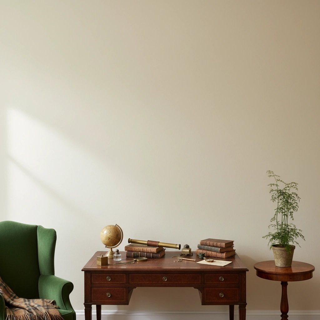 Wall art mockup: Grand study with a desk, armchair, and plant, with plants and a desk