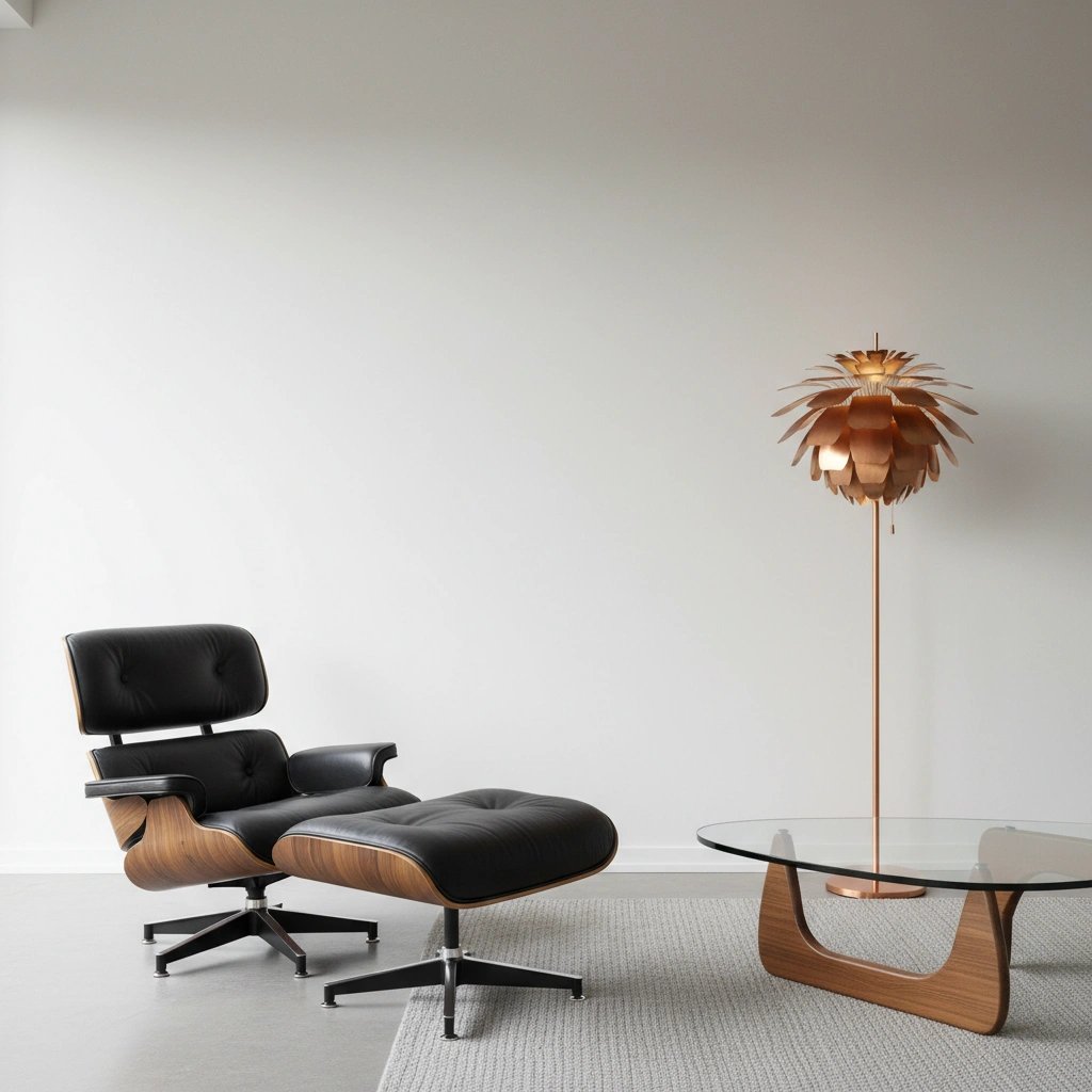 Wall art mockup: Contemporary living room with an armchair and floor lamp, with a coffee table and lamps