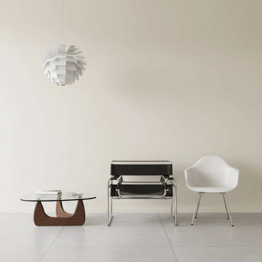 Wall art mockup: Contemporary living room with designer chairs and coffee table, with a coffee table and lamps