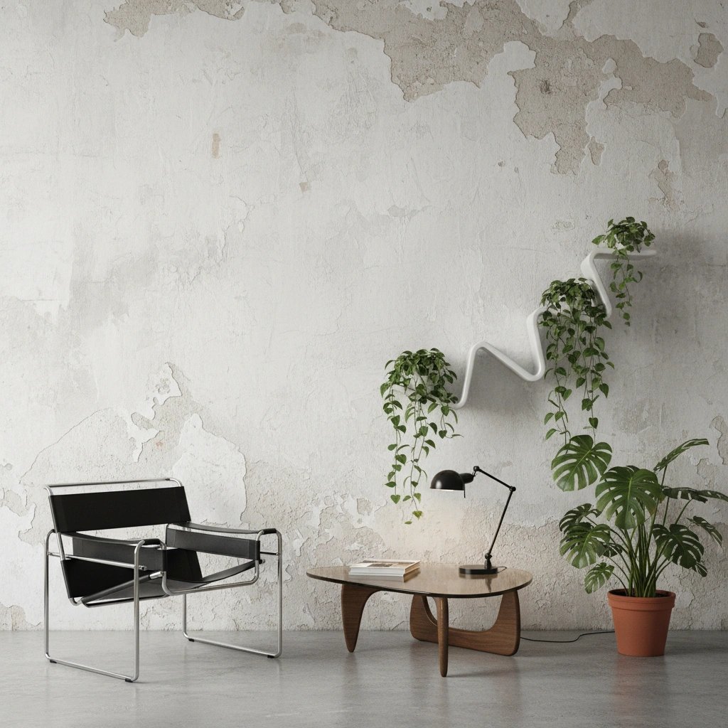 Wall art mockup: Contemporary living room with a distressed wall and plants, with a coffee table, plants and lamps