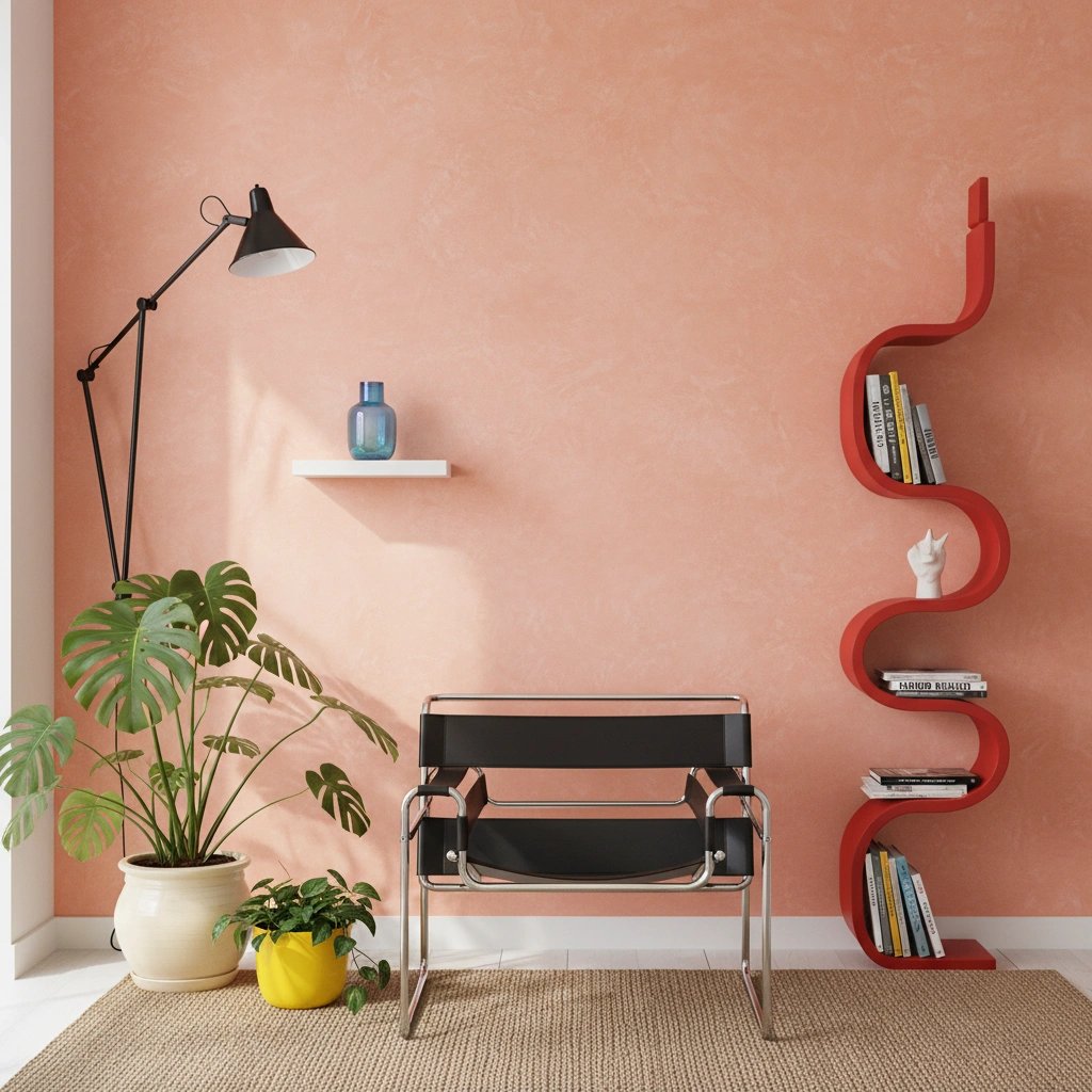 Contemporary living room with peach walls and a modern chair
