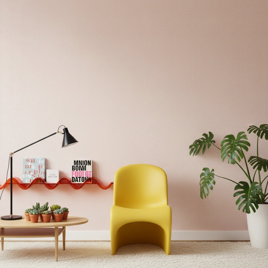 Wall art mockup: Contemporary living room with a yellow chair and plant, with a coffee table, plants and lamps