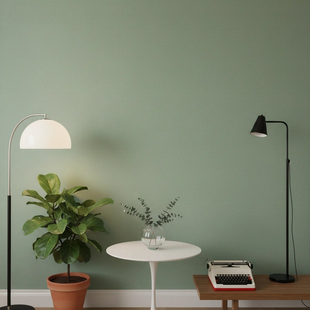 Wall art mockup: Contemporary living room with sage green walls and plants, with plants and lamps