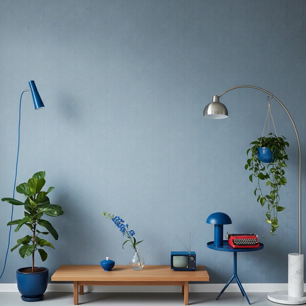 Wall art mockup: Contemporary living room with a blue wall and plants, with plants and lamps