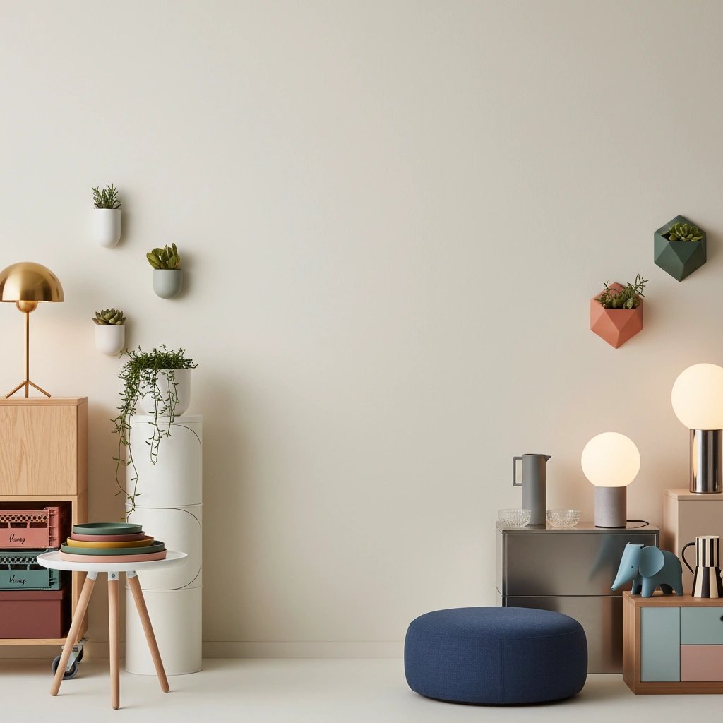 Wall art mockup: Contemporary living room with neutral walls and modern furniture, with lamps