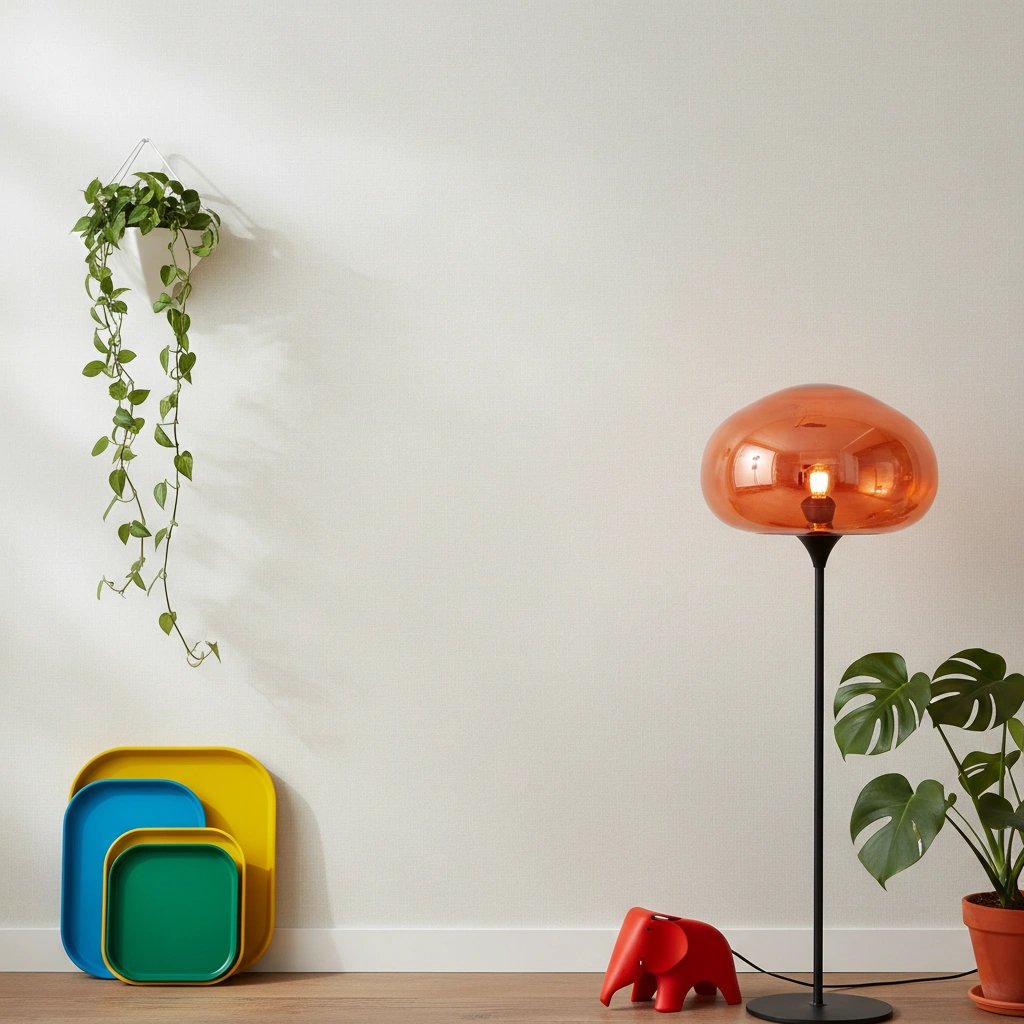 Wall art mockup: Contemporary living room with a hanging plant and floor lamp, with plants and lamps