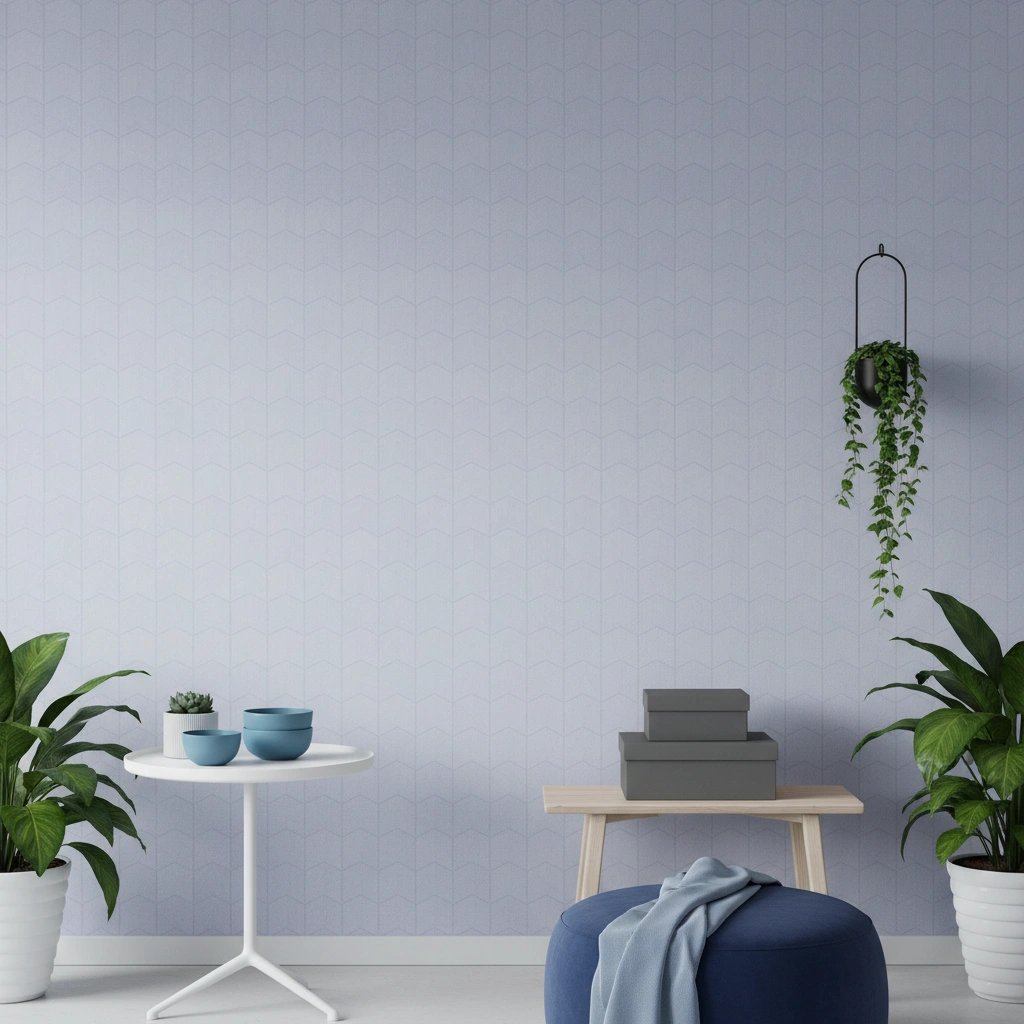 Wall art mockup: Contemporary living room with patterned wall and plants, with plants