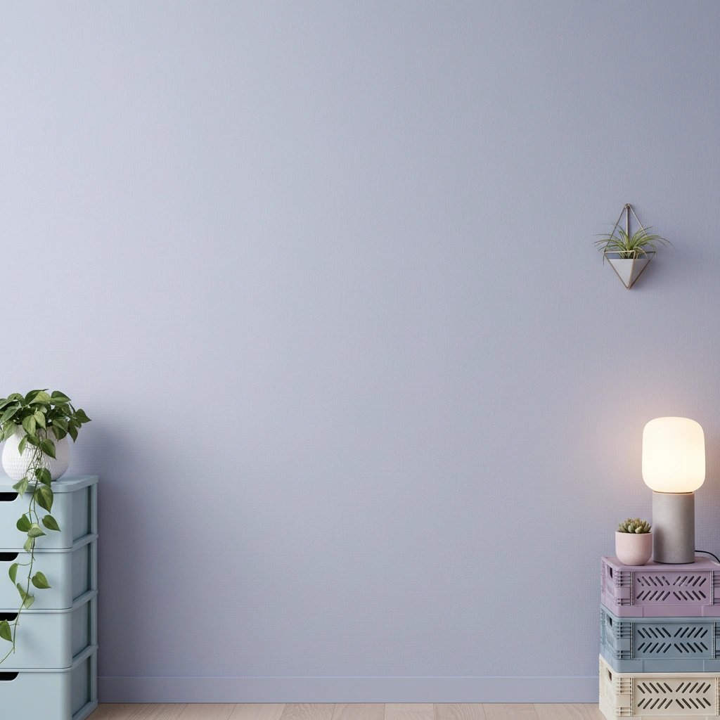 Wall art mockup: Contemporary living room with pastel crates and plants, with lamps