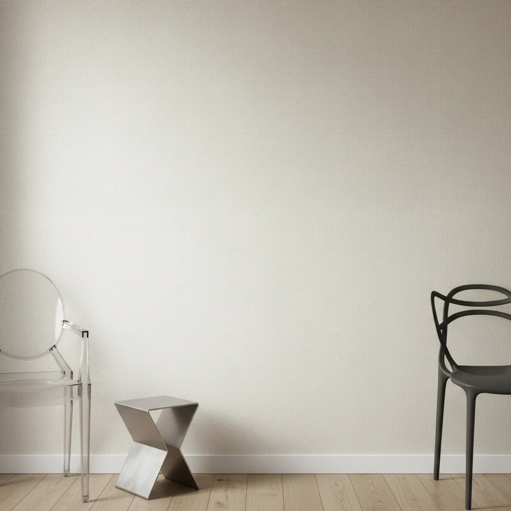 Wall art mockup: Bright contemporary room with two chairs and a metallic stool