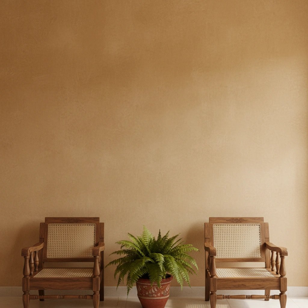 Wall art mockup: Eclectic room with wooden chairs and a potted fern, with plants