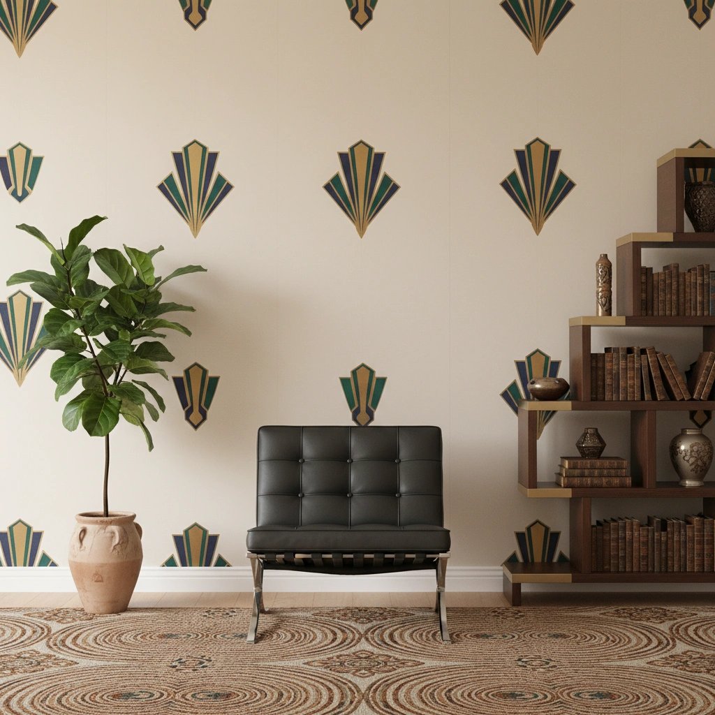 Wall art mockup: Contemporary study with a black leather loveseat, with a sofa, plants and a bookcase