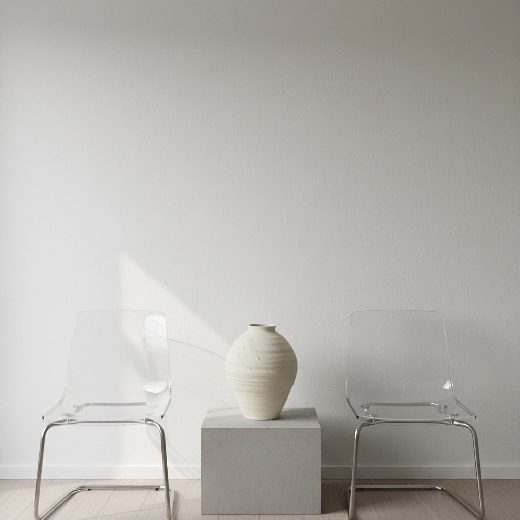 Wall art mockup: Contemporary living room with clear chairs and a vase