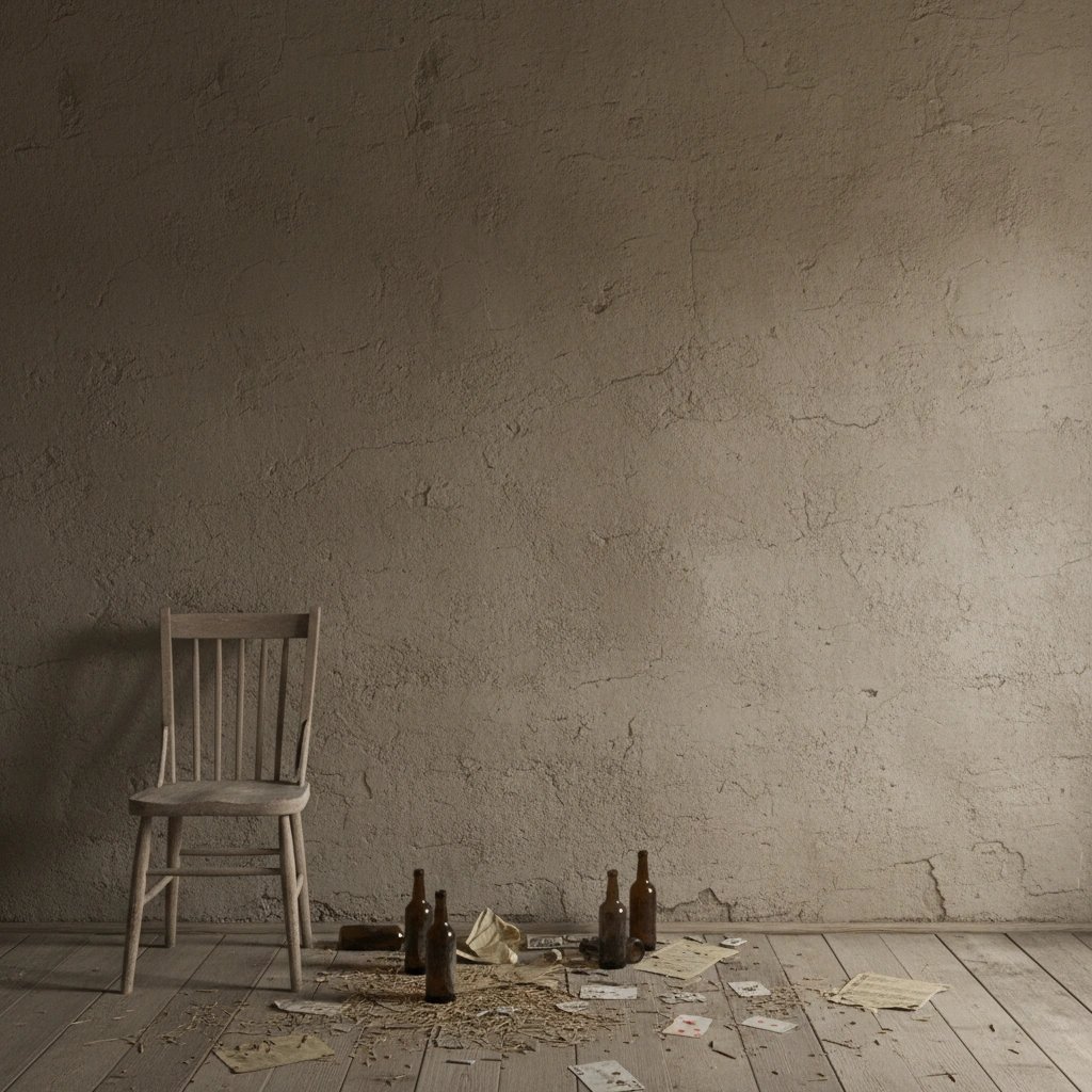 Wall art mockup: Gritty room with a wooden chair and scattered debris