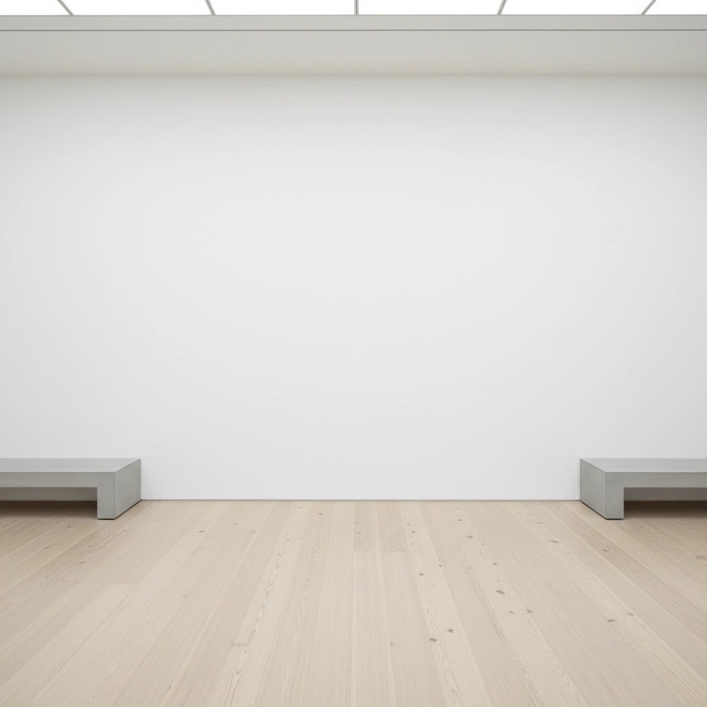 Wall art mockup: Minimalist gallery with white walls and light wood floor