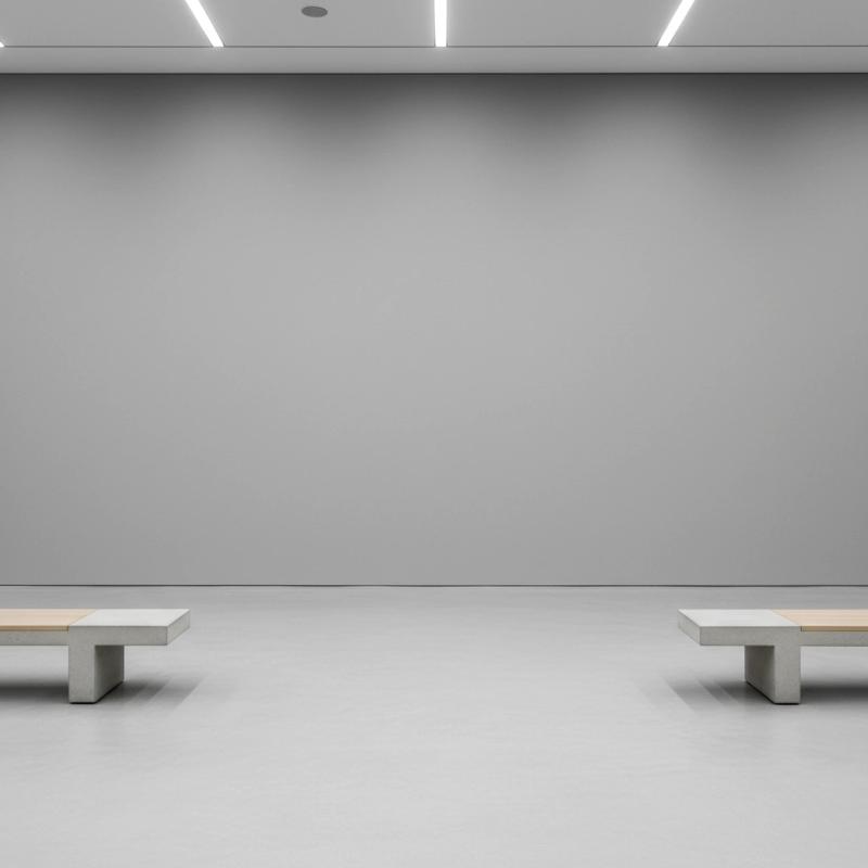 Minimalist gallery with grey walls and two benches