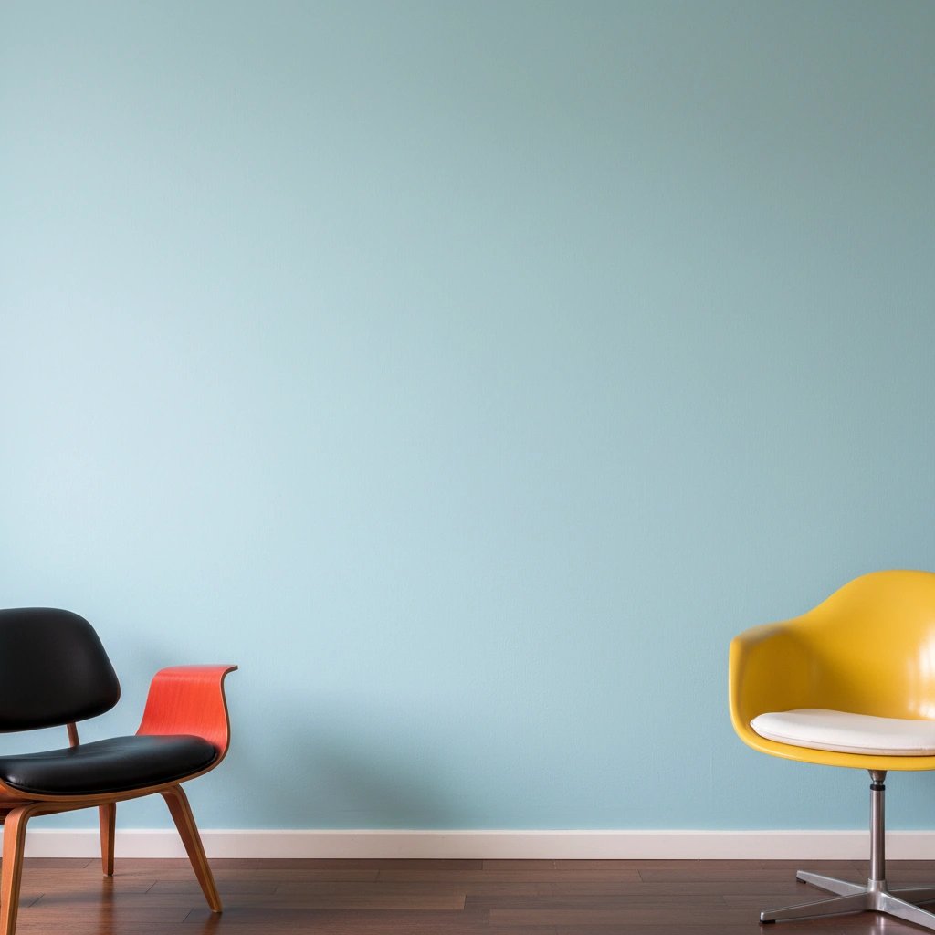 Wall art mockup: Contemporary room with a pale blue wall and chairs