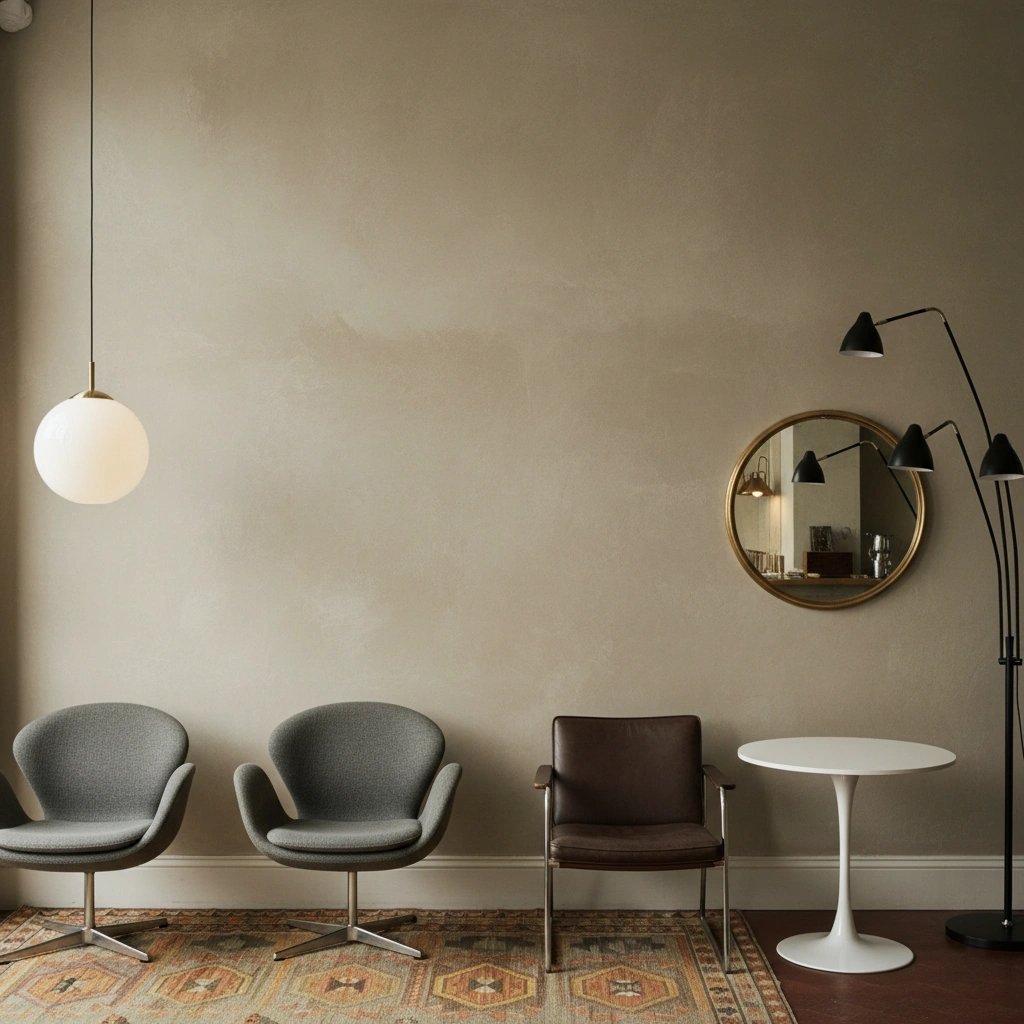 Wall art mockup: Contemporary lobby with varied seating and a mirror, with lamps and a mirror