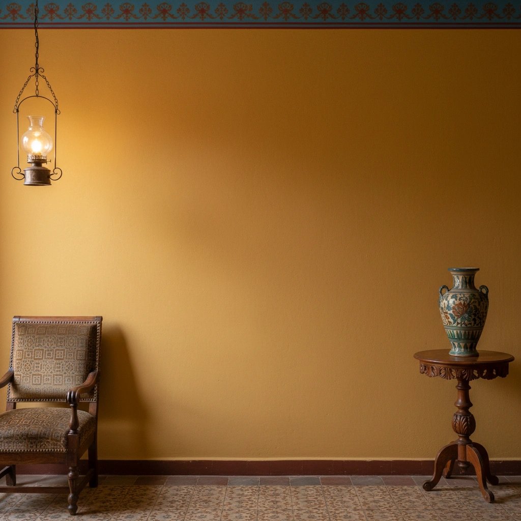 Wall art mockup: Grand room with a mustard wall and antique furniture, with lamps
