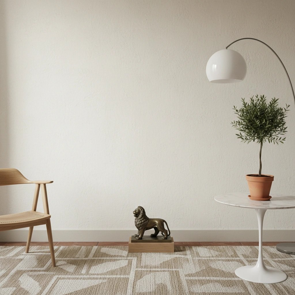 Wall art mockup: Contemporary living space with a chair and sculpture, with plants and lamps