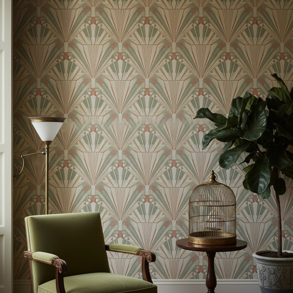 Wall art mockup: Eclectic room with Art Deco wallpaper and a green armchair, with plants and lamps