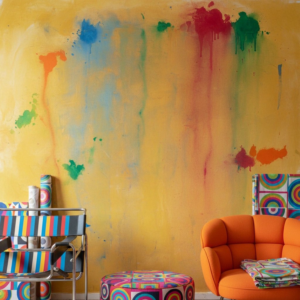 Wall art mockup: Vibrant contemporary living room with artistic yellow walls, with a sofa