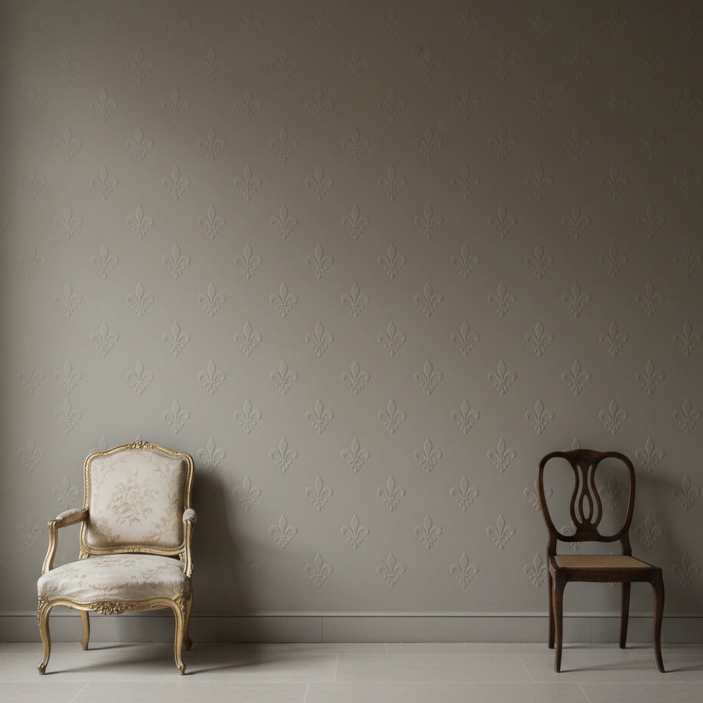 Wall art mockup: Grand room with embossed walls and two antique chairs