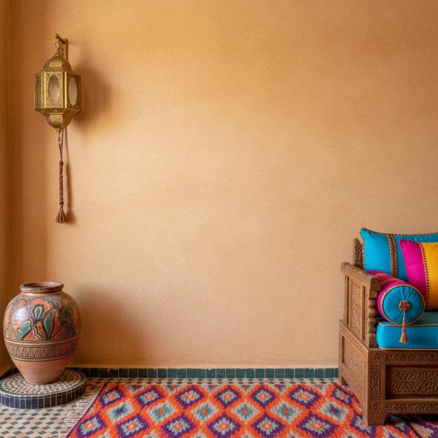 Warm contemporary space with a decorative lantern and vase