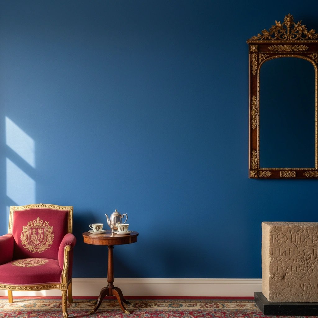 Wall art mockup: Grand room with blue walls, mirror and antique chair, with a mirror