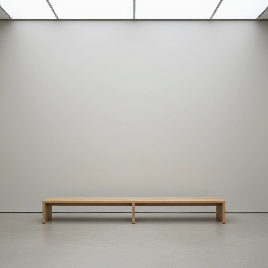 Wall art mockup: Minimalist gallery with a long wooden bench