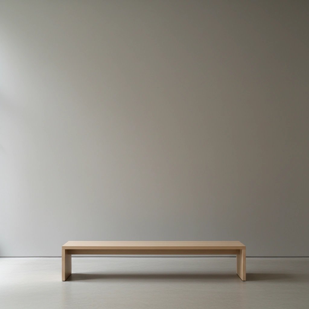 Wall art mockup: Minimalist gallery with a plain wall and bench