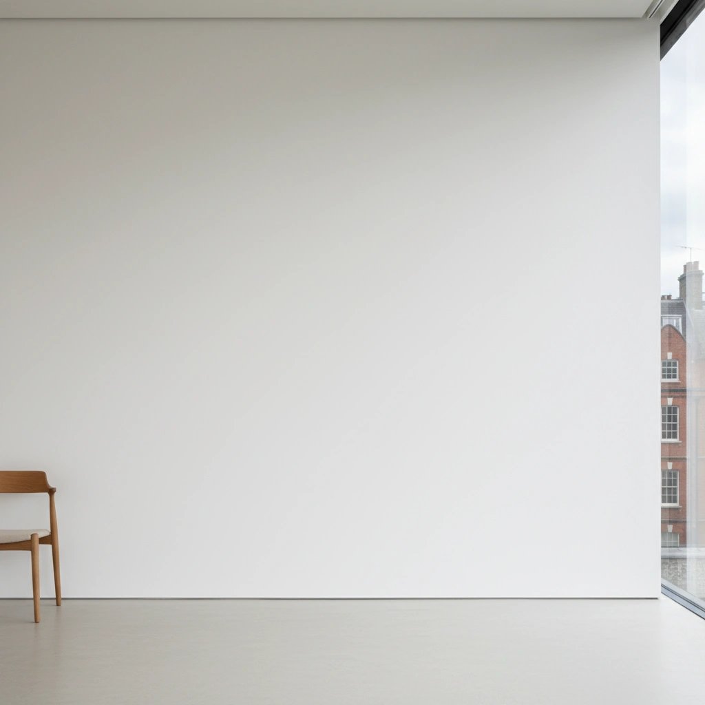 Wall art mockup: Minimalist gallery with a wooden chair and large window