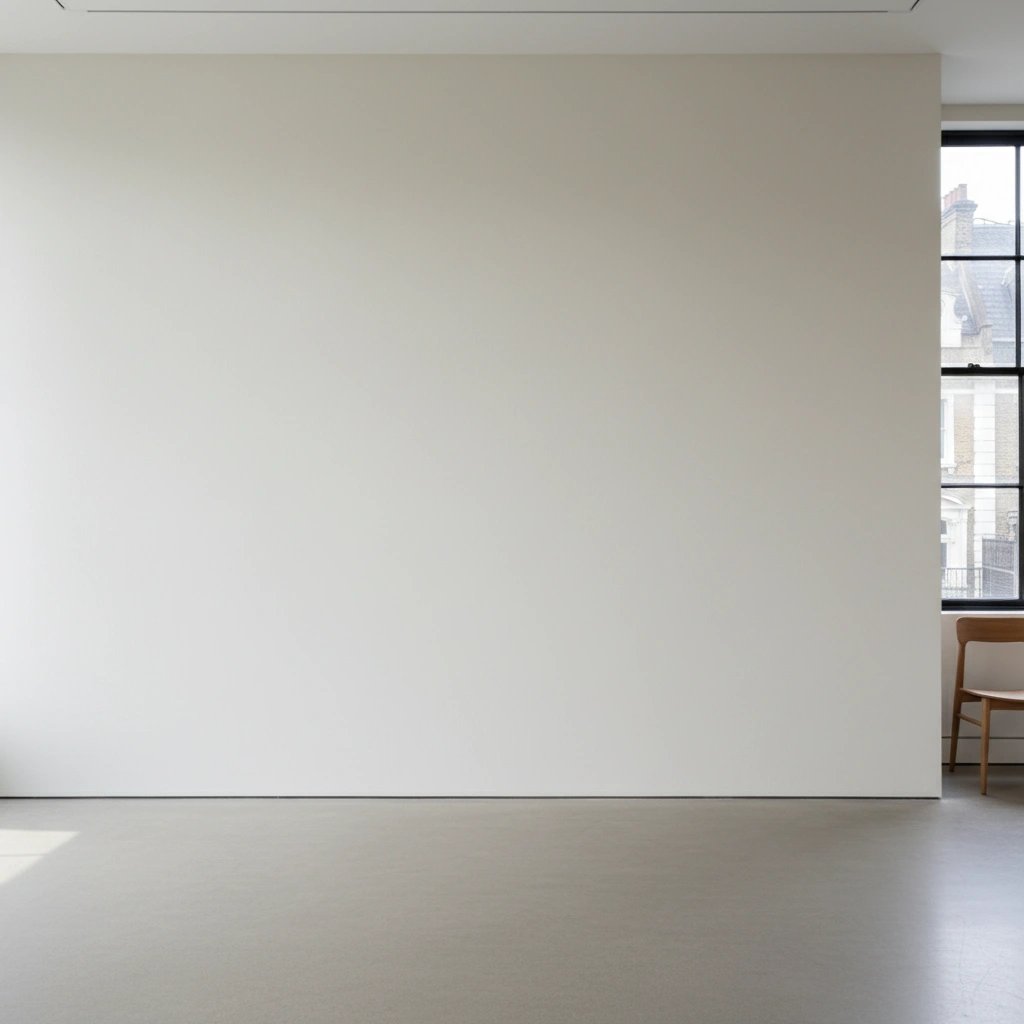 Wall art mockup: Minimalist gallery with a large window and chair, with a window
