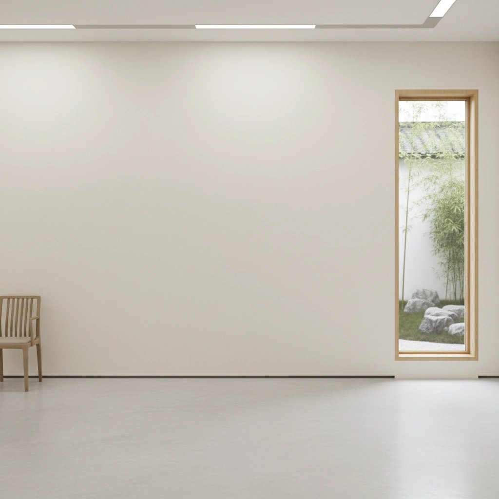 Minimalist gallery with a wooden chair and garden view