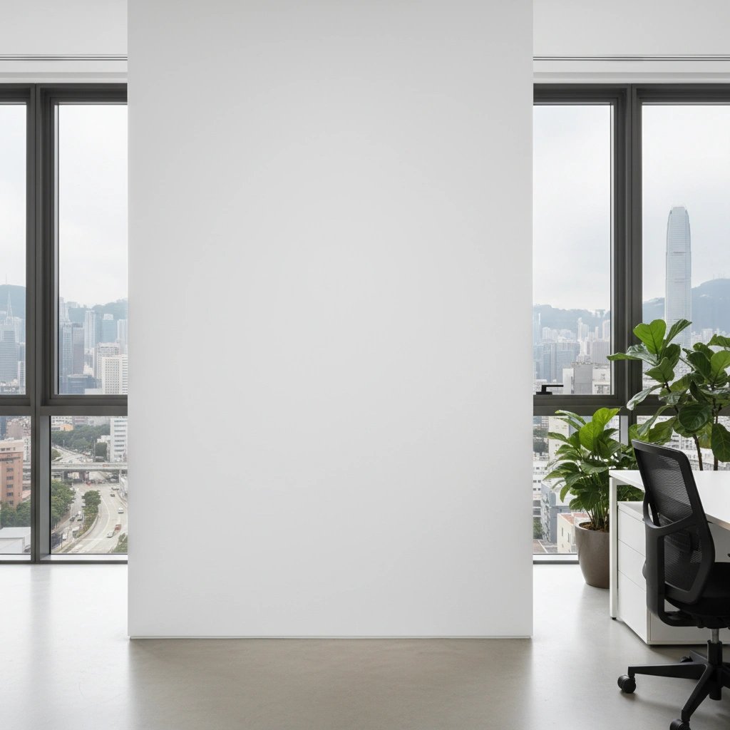 Wall art mockup: Modern gallery space with a white wall and city views, with plants