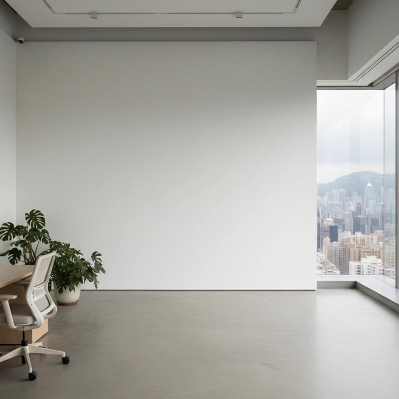 Minimalist gallery with a city view and a desk chair