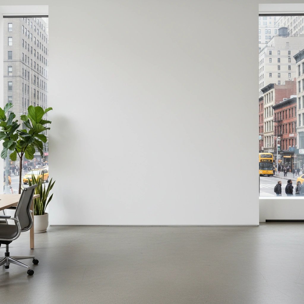 Wall art mockup: Bright gallery with city views and a desk