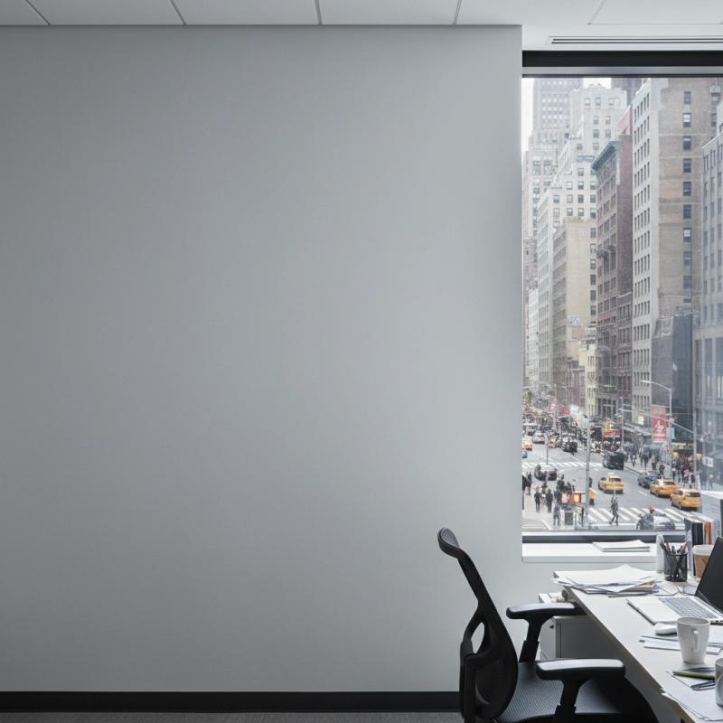 Modern gallery space with a plain wall and city view