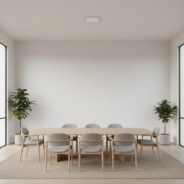 Minimalist gallery with a dining table and houseplants