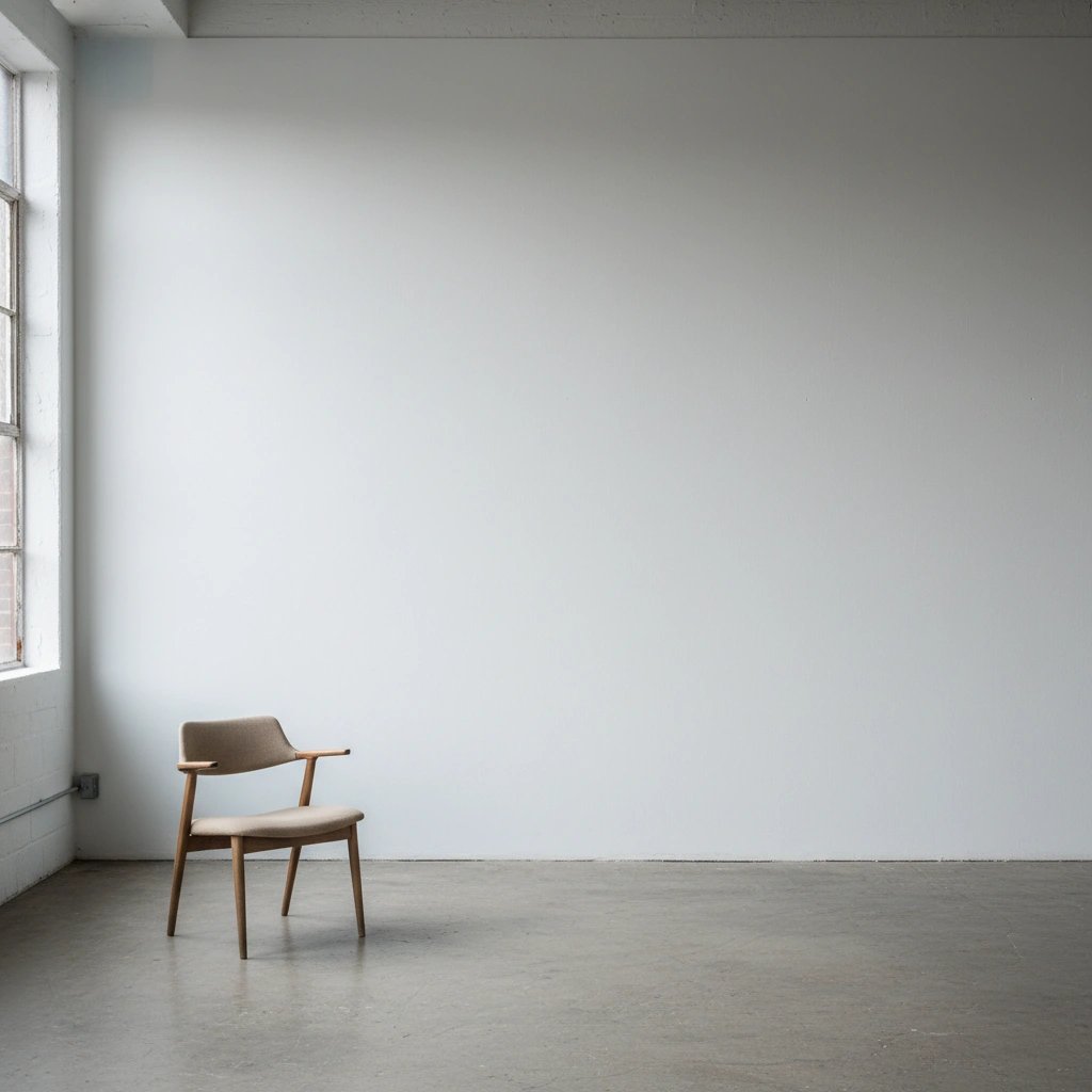 Wall art mockup: White-cube gallery with a single modern chair