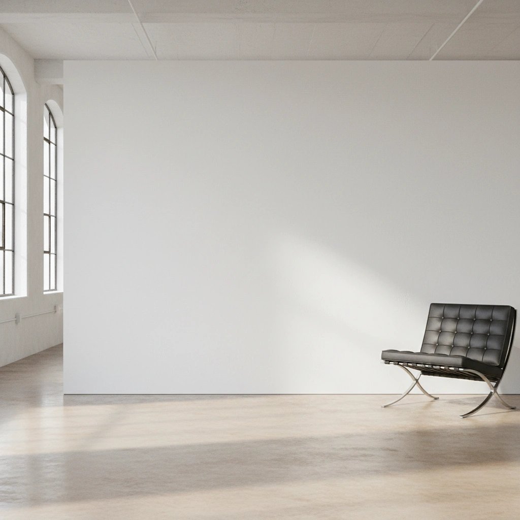 Wall art mockup: Bright white-cube gallery with a Barcelona chair