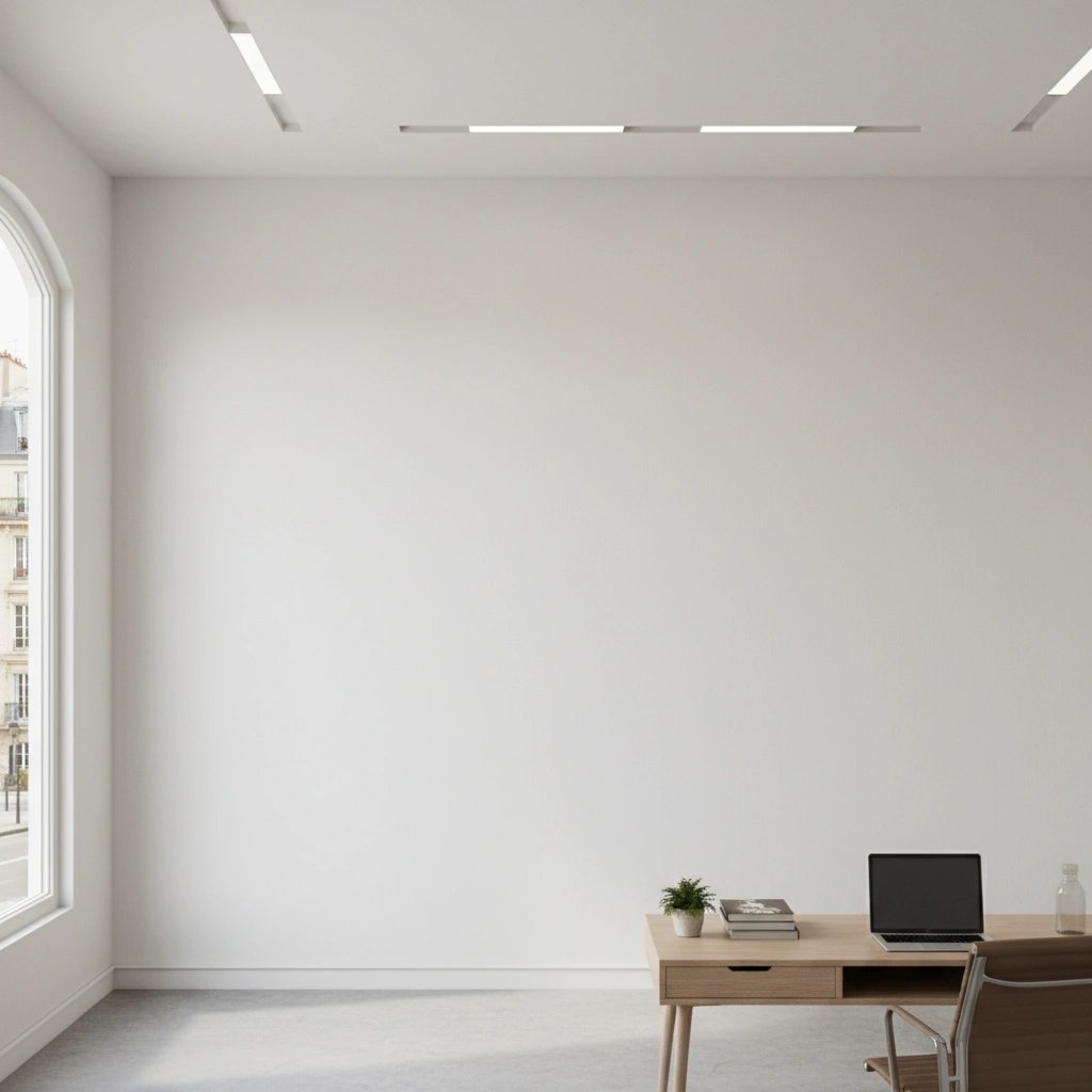 Wall art mockup: Minimalist gallery with a modern desk and chair, with a desk