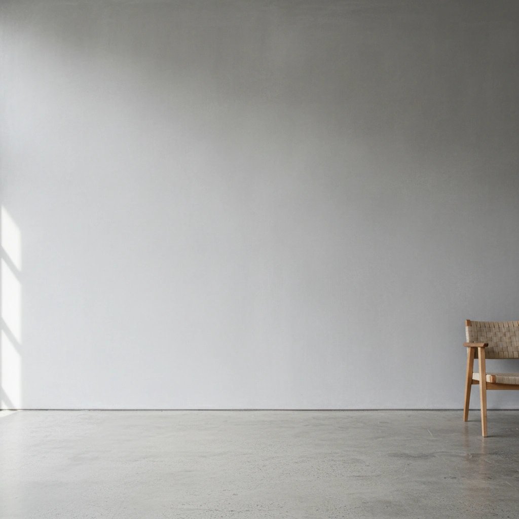 Wall art mockup: Minimalist gallery space with a woven wooden chair