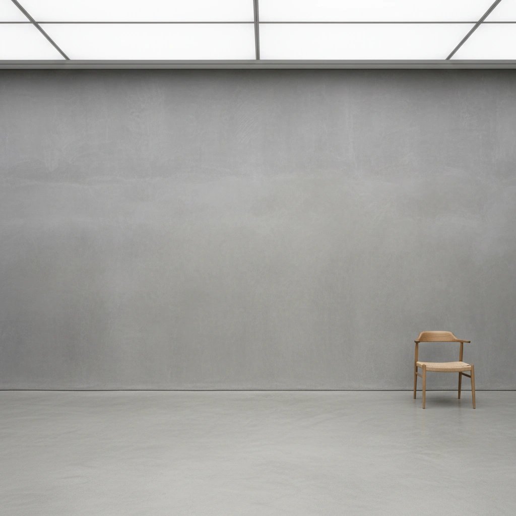 Wall art mockup: Minimalist gallery space with a single wooden chair